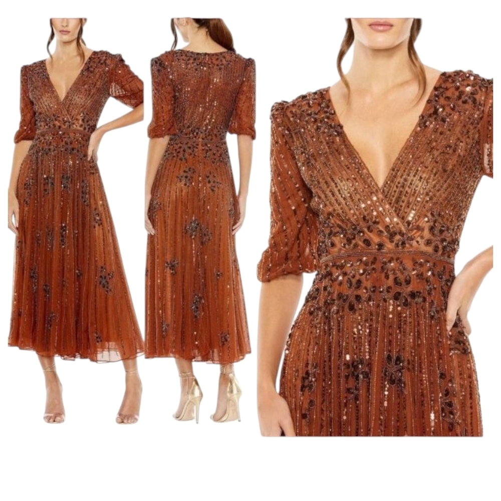 Mac Duggal Brown #5995 Cinnamon  Pleated Embellished Midi Dress NWT - Picture 3 of 3